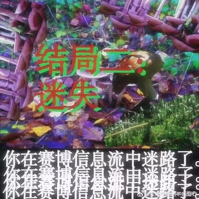 这是一张带有赛博迷幻风格的静态图文混排图，画面背景是经过色彩畸变、重影处理的野外场景，包含蘑菇、草地、植物等元素，营造出迷乱、眩晕的视觉效果。画面上方用红绿色带重影的醒目字体标注“结局二：迷失”，下方黑色区域以重复的白色字体呈现“你在赛博信息流中迷路了。”，以此隐喻当下人们身处海量繁杂的网络信息环境中，容易被信息洪流淹没、失去方向的状态，精准调侃了信息过载带来的迷茫感。
