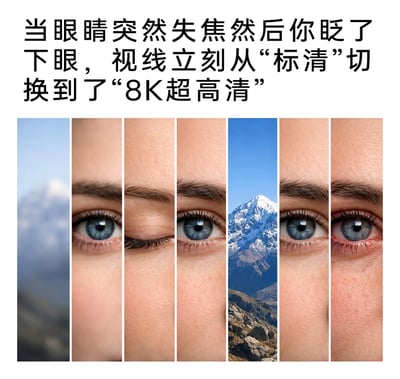 这张图通过多幅图像横向拼接的形式，模拟了眼睛突然失焦后眨眼，视线从模糊的“标清”状态切换到清晰的“8K超高清”状态的过程。从左到右，先是模糊的雪山背景，接着呈现半睁的眼睛以模拟眨眼动作，之后逐渐过渡到清晰的眼睛和细节饱满的雪山，眼部的皮肤纹理、虹膜细节也从模糊变得愈发高清，生动形象地还原了日常中眨眼后视线瞬间清晰的生理体验，用视频分辨率的比喻让这一常见感受更具象有趣。