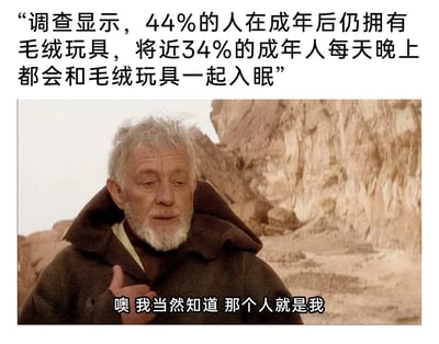 这是一张趣味共鸣梗图，采用图文混排的形式呈现。上方引用了一项关于成年人与毛绒玩具的调查数据，内容为“调查显示，44%的人在成年后仍拥有毛绒玩具，将近34%的成年人每天晚上都会和毛绒玩具一起入眠”；下方是经典科幻影视《星球大战》中欧比旺·克诺比的影视截图，图中人物身着深色连帽长袍，身处荒漠环境中，表情坦然，手指向自己，搭配的原创配文“噢 我当然知道 那个人就是我”，以幽默的方式表达自己正是调查数据所描述的人群，精准戳中许多成年人对毛绒玩具的依赖与喜爱，通过经典影视角色的二次创作，让自我调侃的情绪更具趣味性，容易引发观者的共鸣。