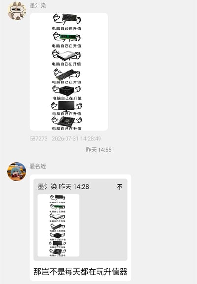 这是一张社交软件聊天记录截图，共包含两条发言：第一条由用户“墨氵染”发出，内容是一张自制表情包，从上到下依次展示了电脑散热器、内存条、机械硬盘、固态硬盘、电源、显示器、主板共7个电脑硬件，每个硬件两侧都搭配了摊手的简笔画手势，下方统一配文“电脑自己在升值”，调侃近年电脑硬件价格普遍上涨的市场情况；第二条由用户“骚名蛭”发出，他转发了前者的表情包，配文“那岂不是每天都在玩升值器”，利用“升值”与“生殖”的谐音制造笑点，玩梗趣味十足。