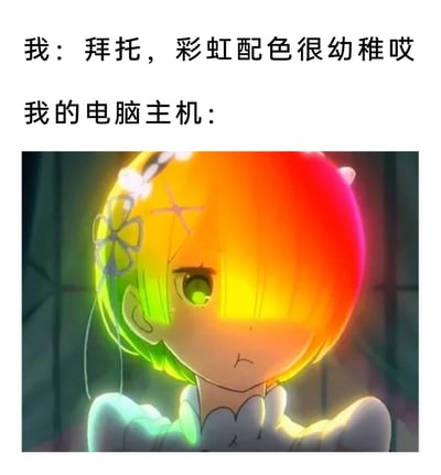 这是一张搞笑反差类梗图，上方文字为“我：拜托，彩虹配色很幼稚哎”，表达了对彩虹配色的嫌弃；下方是经过P图改编的二次元角色雷姆，她的头发被修改为绿到红的彩虹渐变效果，表情委屈闷闷不乐，用来代指嘴上嫌弃彩虹配色幼稚，自己的电脑主机却装有炫酷的彩虹RGB灯效的“心口不一”行为，通过这种反差感来制造搞笑效果，调侃了很多电脑玩家嘴上嫌弃RGB灯效幼稚，实际却沉迷其中的“真香”心理。