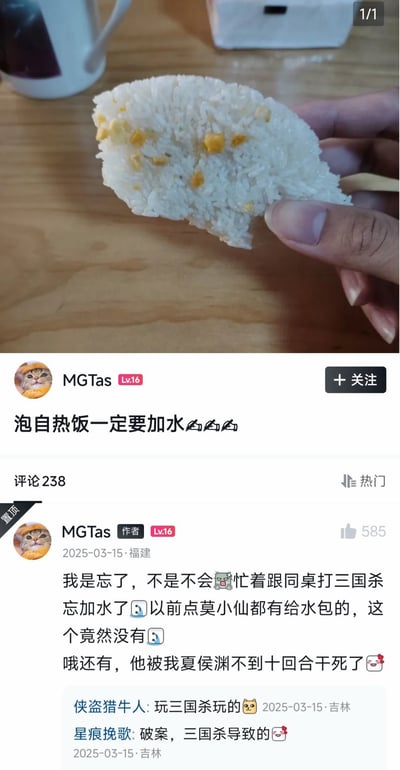 这是一张竖屏格式的社交媒体帖子截图，上半部分展示了一只手拿着一块完全没泡开、凝结成硬块状的自热米饭，是忘记加水加热后的成品；下半部分是帖子内容，发布者MGTas发布帖子提醒大家泡自热饭一定要加水，作者本人的置顶评论解释，这次翻车是因为忙着和同桌打三国杀忘记加水，还吐槽这款自热饭没有自带水包，最后还炫耀自己玩三国杀用夏侯渊不到十回合就击败了同桌，下方两条网友评论调侃这次翻车事故完全是玩三国杀导致的。
