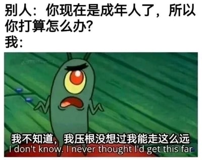 这是一张顶配底文的搞笑梗图，采用上下图文结合的形式。上方是他人的提问文字：“别人：你现在是成年人了，所以你打算怎么办？”，下方是美国动画《海绵宝宝》中的角色痞老板的画面截图，搭配文字“我不知道，我压根没想过我能走这么远”。图中痞老板眼睛瞪大、嘴巴张开，面露慌张无措的神情，还张开两只小胳膊，呈现出慌乱的姿态，生动地借这个卡通形象的状态，表现出部分成年人在被问及未来规划时的迷茫与无措，这类人群并未做好承担成年人责任、面对人生抉择的准备，用幽默的方式抒发了当代成年人的焦虑情绪，容易引发同类人群的共鸣。