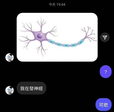 这是一张聊天界面截图，显示了一个神经元示意图和配文'我在發神經'(我在发神经)。神经元图左侧有一个紫色的细胞体和许多树突，通过蓝色的轴突连接到右侧的神经末梢。截图底部有一个回复按钮显示'可悲'。
