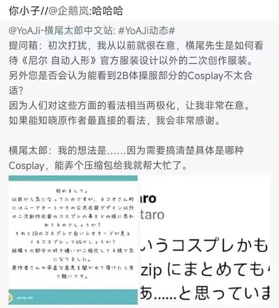 这是一张二次元相关的社交媒体截图，内容是粉丝通过提问箱向《尼尔：自动人形》的制作人横尾太郎提问，询问他对官方服装设计之外的二次创作服装Cosplay，以及能看到2B体操服部分的Cosplay的看法。横尾太郎没有直接给出评价，而是用幽默的方式回应，称需要具体的Cosplay内容，让对方发个压缩包给他，玩了一个趣味梗，引发网友调侃。
没有双关或谐音梗，是用直白又搞笑的方式回应了粉丝的严肃提问。