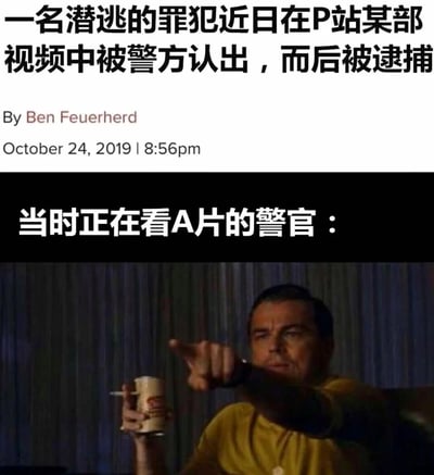 这是一张搞笑类网络梗图，上方呈现了2019年的一则社会新闻：一名潜逃的罪犯在P站的某部视频中被警方认出，随后遭到逮捕；中间用黑色背景的文字引出“当时正在看A片的警官：”，下方搭配了莱昂纳多·迪卡普里奥在电影《华尔街之狼》中的经典截图，图中他神情严肃地指向前方，结合文字内容，调侃这名警官是在浏览成人视频网站时，意外认出了潜逃的罪犯，用工作与私人娱乐场景的反差感制造幽默效果。