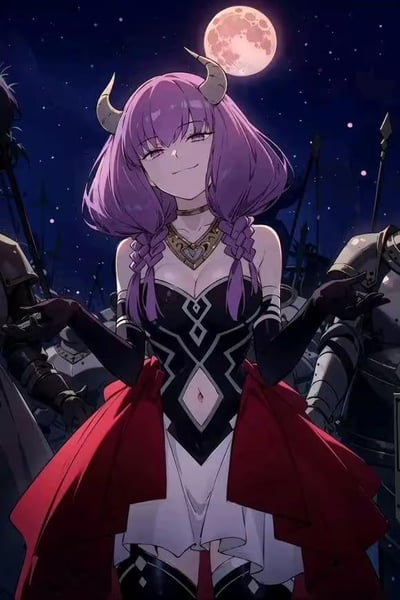 这是一幅AI生成的二次元风格静态单图，画面中心是一位紫发恶魔少女，她有着浅灰色的弯角，留着齐刘海，两侧头发编成麻花辫，身穿黑红配色的露脐礼服，搭配黑色长手套与过膝靴。少女嘴角上扬，露出戏谑又狡黠的微笑，双手摊开，姿态从容又带着一丝挑衅。背景是布满繁星的夜空，一轮红月高悬，少女身后是身着盔甲的士兵，营造出月夜战场的肃杀又带着奇幻感的氛围，整体画风精致细腻，色彩对比强烈，突出了少女在战场背景下的独特气场。