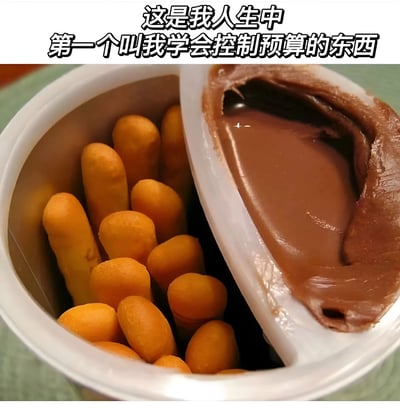 图片展示了一个零食罐，罐内分为两个部分，一侧装满了金黄色的手指状饼干，另一侧则是已经被挖了一大半的巧克力酱。图片上方配有文字“这是我人生中第一个叫我学会控制预算的东西”，幽默地表达了巧克力酱总是比饼干消耗得更快，让人不得不学会“控制预算”、合理分配蘸酱的经历。