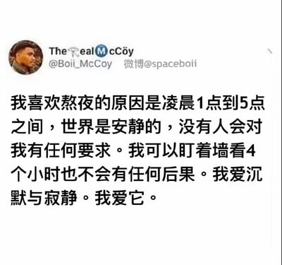 这是一张X（原推特）平台的发言截图，顶部左侧是发布者的男性真人侧脸头像，旁边显示发布者账号名The Real McCöy、X账号ID@Boii_McCoy，以及标注的转载来源微博账号@spaceboii；下方是黑色加粗的中文正文内容，抒发了发布者喜欢熬夜的原因：凌晨1到5点的世界非常安静，没有人会对自己提出要求，可以完全放松放空，哪怕盯着墙看四个小时也不需要承担任何后果，表达了对沉默寂静的独处时光的喜爱，内容戳中了很多当代人想要摆脱外界束缚、享受专属私人时间的心态，引发了大量共鸣。