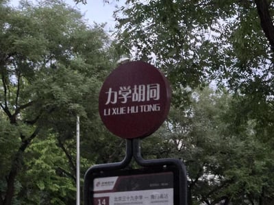 这是一张户外实拍图，画面主体是一个酒红色圆形路牌，上面标注着“力学胡同”及对应的拼音“LI XUE HU TONG”，路牌下方露出北京公交14路的站牌局部，显示该线路往返于“北京三十九中学 — 角门南站”，背景是枝繁叶茂的绿色行道树，呈现出北京老胡同周边的日常城市街巷场景，图中无谐音梗、双关或暗示类内容。