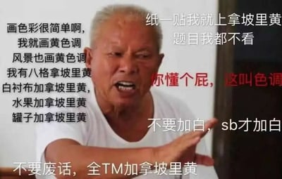 这是一张针对美术生色彩学习进行玩梗的搞笑表情包，图中是一位白发、表情激动愤怒的老年男性，他眉头紧皱、嘴巴大张，同时伸出手掌做出制止的动作，仿佛在暴躁地“教学”。图片周围环绕着多段夸张的文字，内容以美术颜料“拿坡里黄”为核心，宣称画任何色彩内容都只用拿坡里黄，无论是风景、白衬布、水果还是罐子都要添加该颜色，甚至吐槽“加白”的行为，用极端、暴躁的语气调侃了美术艺考中部分固化、套路化的色彩学习方式，将为了统一色调而过度单一使用颜料的行为放大，制造出强烈的搞笑反差感，精准戳中美术生群体的共鸣点。