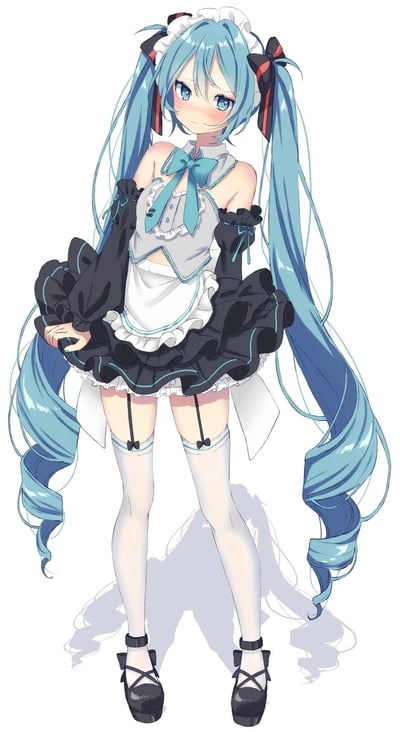 这是一幅动漫风格的插画，描绘了VOCALOID虚拟歌手初音未来穿着女仆装的形象。角色有着标志性的蓝色双马尾长发，发梢带有红色装饰。她穿着黑白相间的女仆装，配有蓝色蝴蝶结，白色过膝袜和黑色鞋子。角色姿态优雅，单手叉腰，面带微笑，背景为纯白色，突出展示角色形象。