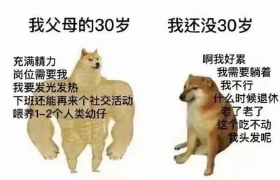 这是一张左右对比的梗图，左边是被P上强壮肌肉的Doge柴犬，对应文字“我父母的30岁”，下方列出父母辈30岁时的状态：充满精力、被岗位需要、想要发光发热，下班后还能参加社交活动，同时养育1-2个孩子；右边是瘫坐的普通Doge柴犬，对应文字“我还没30岁”，下方是当代年轻人未到30岁的状态：疲惫不堪、只想躺着、觉得自己不行、盼着退休、感叹自己“老了”、吃不动东西还担心掉头发。图中通过强烈的状态反差，精准戳中当代年轻人面对职场压力和生活疲惫的倦怠感，引发代际对比下的共鸣。