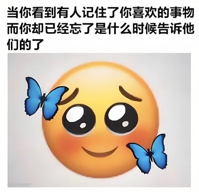 图片上方为黑色文字：'当你看到有人记住了你喜欢的事物而你却已经忘了是什么时候告诉他们的了'，下方是一个黄色笑脸表情，表情有着大大的黑色眼睛，略带红晕的脸颊，嘴角微微上扬呈微笑状，左右脸颊旁各有一只蓝色蝴蝶停留。整体表达了当他人记住自己喜好时的温暖、惊喜与些许困惑的复杂情感。