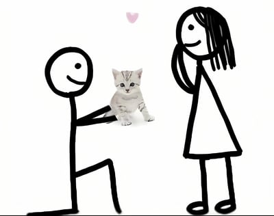 左侧简笔画风格的男性 stick figure 正抱着一只写实风格的灰白相间小猫，右侧是长发女性 stick figure，小猫上方有一颗粉色爱心。画面呈现出温馨浪漫的氛围，可能表达赠送宠物作为礼物的场景。