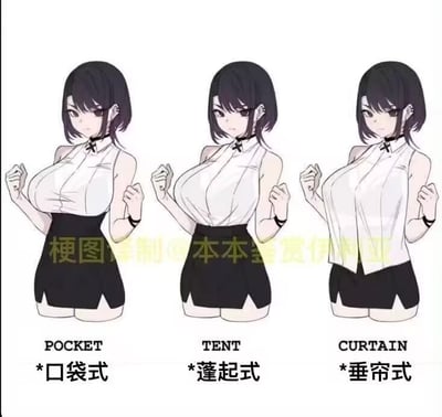 这是一张由三张图横向拼接而成的二次元风格趣味科普图，画面主体是同一个有着深色短发、表情冷漠的二次元女性角色。三张图分别展示了该角色穿着三种不同版型的无袖白衬衫的效果，并配有中英对照的标注：
1. 口袋式（POCKET）：衬衫下摆收紧，将腰部及下侧紧紧包裹，呈现出类似口袋的形态；
2. 蓬起式（TENT）：衬衫的中部向外凸起，形成类似帐篷的蓬松弧度；
3. 垂帘式（CURTAIN）：衬衫自然下垂，如同垂帘一般贴合身体曲线。
该图用拟人化的方式，将抽象的服装版型特点转化为直观的视觉效果，风格幽默，便于理解不同衬衫版型的差异。