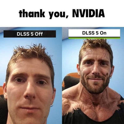 这是一张左右结构的对比梗图，顶部标注文字“thank you, NVIDIA”，左图上方黑底白字标注“DLSS 5 Off”，展示了一位普通男性的正面原自拍，男性发型凌乱，面部条件普通；右图上方白底黑字标注“DLSS 5 On”，展示了经过夸张AI修改后的同一人物，修改后的人物五官更立体精致，长出胡须，拥有夸张健壮的肩颈肌肉，完全变成了符合AI滤镜审美的网红肌肉帅哥，和原图差异极大，符合玩梗的夸张效果。