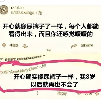 这是一张Reddit论坛r/Jokes板块的帖子截图。主帖由用户u/xDucklinggx发布，内容用幽默的比喻将“开心”形容为“尿裤子”，称“每个人都能看得出来，而且你还感觉暖暖的”，帖子获得了492个赞。下方有一条被粉色边框高亮的热门评论，用户ouSirAreAVeryCunt回复“开心确实像尿裤子一样，我8岁以后就再也不会了”，用童真视角的消失制造了扎心又好笑的反差效果。