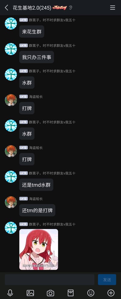 这是腾讯QQ群“花生基地2.0”的群聊截图，群成员“群蒿子，时不时求群友v我五十”与“海盗船长”模仿电影《让子弹飞》中“我只办三件事”的经典句式进行趣味玩梗：前者连续强调“水群”是自己在群里的核心行为，后者则对应重复“打牌”，形成有趣的互动呼应；最后“群蒿子”发出动漫《孤独摇滚！》里喜多郁代的表情包，配文“这对青少年的影响不可估量！”，用调侃的语气为这段玩梗互动收尾，整体氛围轻松诙谐，是群友间日常趣味互动的体现。