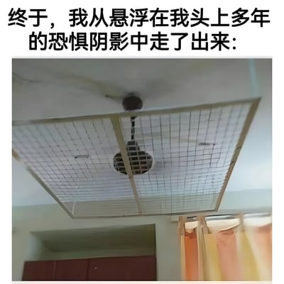 图片上方配有文字“终于，我从悬浮在我头上多年的恐惧阴影中走了出来：”，下方是一张实拍照片，展示了室内天花板的场景。天花板上有网格状的装饰或结构，其中央位置有一个疑似风扇或灯具的物体通过一根细杆悬挂，整体结构看起来有些松动，给人一种可能随时坠落的不安感，与上方文字描述的“恐惧阴影”相呼应，形成一种幽默的反差——所谓的恐惧阴影其实是头顶松动的天花板装置。