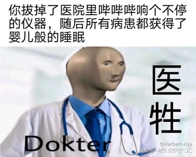这是一张充满黑色幽默的抽象搞笑梗图，画面主体是一个经过合成加工的3D抽象医生形象：身着白色医生大褂，内搭蓝色衬衫与领带，脖子上佩戴听诊器，面部造型怪异呆滞，毫无真实人类的神态感。医生形象下方标注有英文“Dokter”，画面右侧配有醒目的黑色大字“医牲”，是“医生”的谐音，带有讽刺意味。图片顶部配有黑色文字文案：“你拔掉了医院里哔哔哔响个不停的仪器，随后所有病患都获得了婴儿般的睡眠”，用委婉荒诞的表述制造笑点，暗示拔掉的是维持病患生命的监护仪器，导致病患死亡，将死亡调侃为“婴儿般的睡眠”，结合“医牲”的谐音，塑造出漠视生命的荒诞医生形象，整体风格抽象怪异，充满讽刺与黑色幽默的氛围。