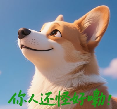 这是一张以卡通风格柯基犬为主角的表情包图片，狗狗仰望天空，露出自信又温柔的笑容，整体画风偏可爱治愈系。画面底部释放出绿色手写体加粗字体：“你人还怪好嘞！”，这句话语气带点俏皮肯定，常用于夸赞别人或者表达认可，社交网络氛围很强。整体氛围阳光活力，非常适合用来表达对朋友的称赞和好感。
未出现明显双关、谐音梗或暗示。