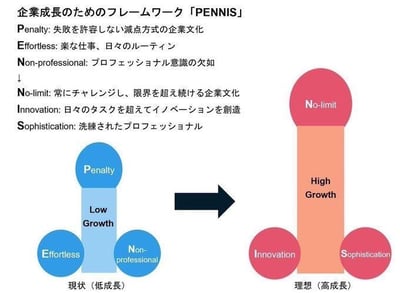 这是一张用于企业管理的对比式框架图，通过左右分区展示了企业从低成长现状到高成长理想状态的转变逻辑。
左侧代表企业低成长的现状，包含三个核心问题要素：
1. Penalty：奉行不允许失败的扣分式企业文化
2. Effortless：员工敷衍工作、仅维持日常循规蹈矩的状态
3. Non-professional：团队缺乏专业意识
这三个要素共同导致企业处于「低成长（Low Growth）」阶段。
右侧代表企业高成长的理想状态，对应三个正向要素：
1. No-limit：打造持续挑战、不断突破界限的企业文化
2. Innovation：鼓励员工超越日常任务进行创新创造
3. Sophistication：培养训练有素的专业人才
这三个要素推动企业进入「高成长（High Growth）」阶段。
框架名称「PENNIS」由这六个要素的英文首字母组合而成，无谐音或双关梗。