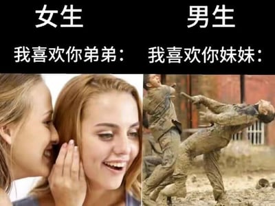 这是一张左右分栏的对比调侃梗图，左部分标注文字“女生 我喜欢你弟弟：”，配图是两名金发女生，一名女生凑到另一名女生耳边说悄悄话，两人都露出开心兴奋的笑容，呈现出八卦又乐见其成的状态；右部分标注文字“男生 我喜欢你妹妹：”，配图是两名浑身沾满泥浆的男生，一名男生正挥拳把另一名男生打得向后仰倒，呈现出愤怒大打出手的状态，通过夸张的对比调侃男女面对这类情况时截然不同的反应，制造搞笑效果。