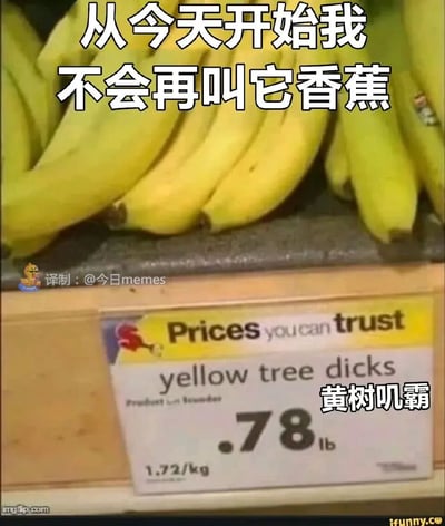 图片展示了超市货架上的一串黄色香蕉，上方配有白色大字“从今天开始我不会再叫它香蕉”。香蕉下方的价格标签上英文标注为“yellow tree dicks”，旁边配有中文翻译“黄树叽霸”，价格显示为0.78美元/磅（1.72美元/公斤）。整体通过将香蕉恶搞式地标注为不雅英文词组并配上谐音中文翻译，制造出幽默搞笑的效果。