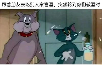 图片上方配有文字“跟着朋友去吃别人家喜酒，突然轮到你们敬酒时”，下方是《猫和老鼠》的经典动画截图。图中汤姆猫（蓝灰色）右手拿着一瓶牛奶，额头和脸颊有汗珠滴落，表情紧张又僵硬；旁边的斯派克狗（灰色）同样耳朵下垂，面露尴尬，似乎在配合汤姆的“敬酒”动作。整体画面通过卡通角色的窘迫神态，幽默地还原了普通人在社交场合中突然被推到台前时的紧张与不知所措，充满生活气息和共鸣感。