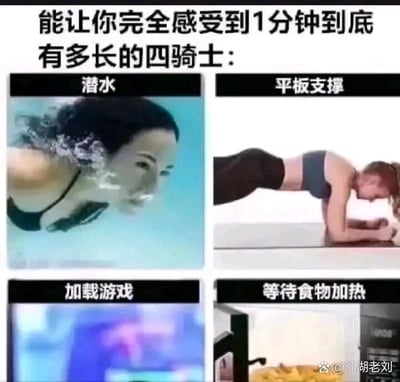 这是一张多图拼接的静态梗图，整体分为四个板块，顶部配有文字“能让你完全感受到1分钟到底有多长的四骑士：”，四个板块分别对应“潜水”“平板支撑”“加载游戏”“等待食物加热”四种场景。第一个板块展示了一位女性在水下潜水的画面，她正憋气专注于潜水动作；第二个板块是一位女性在做平板支撑，面部紧绷，维持着费力的健身姿势；第三个板块是模糊的游戏加载界面；第四个板块是微波炉前等待食物加热的场景。图片用幽默的方式调侃，在这四种场景下，人们会主观感觉1分钟的时间格外漫长，精准戳中了大众在这些场景里的共同体验，容易引发共鸣。