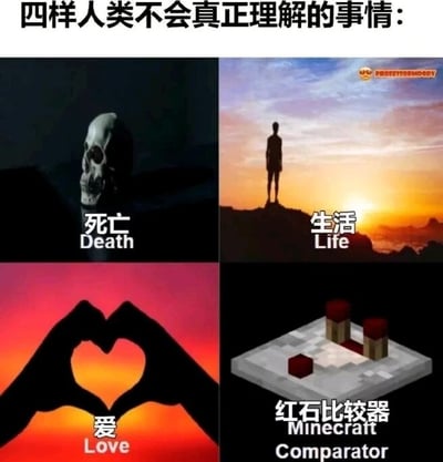 这是一张四格拼接的图文类梗图，顶部配有标题文字“四样人类不会真正理解的事情”。左上小图是深色背景中的骷髅头，下方标注“死亡 Death”，对应哲学层面难以参透的死亡议题；右上小图是日落时分站在山顶的人物剪影，下方标注“生活 Life”，指代复杂多变、难以捉摸的人生；左下小图是在橙红色背景前双手比出心形的剪影，下方标注“爱 Love”，代表充满未知与复杂性的爱情；右下小图是沙盒游戏《我的世界》（Minecraft）中的红石比较器，下方标注“红石比较器 Minecraft Comparator”。这张图通过将现实中深奥的终极人生命题与游戏内机制复杂、令众多玩家头疼的红石比较器进行类比，用反差感制造幽默效果，调侃红石系统的逻辑复杂程度堪比理解人生终极问题，引发《我的世界》玩家的共鸣。