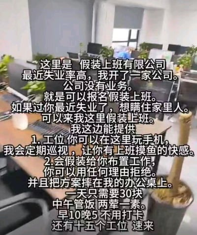 这是一张图文混排的趣味梗图，背景是真实的办公室工位场景，配文虚构了一家「假装上班有限公司」。针对当下失业率高的现状，这家公司专为失业后不想让家人担心的人群提供「假装上班」的服务：提供工位允许摸鱼玩手机、定期巡视模拟上班感、还能体验拒绝工作的爽感，收费30元一天，管两荤一素的午饭，早10晚5不用打卡，目前还有十五个工位招募。梗图用荒诞又接地气的创意，精准戳中失业者的尴尬处境，充满黑色幽默，调侃了职场与生活的无奈。