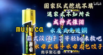 这张图以南孚电池的广告素材为底图，搭配右侧的KK电池作为对比，用不同颜色字体叠加了多个二次元知名动画作品的玩梗文字，涵盖《DARLING in the FRANXX》（国家队）、《迷家》、《成神之日》、《机动战士高达 水星的魔女》（水魔）、《孤独摇滚！》（粉丝俗称“蒜”）、《葬送的芙莉莲》、《偶像大师 闪耀色彩》子组合mujica等作品的经典争议或特色梗，底部“南孚聚石番”谐音玩梗，将各类动画梗“聚”在一起，是动画爱好者的吐槽向创作。
其中包含多个谐音与作品梗：
- “先进姛”是“先进女同”的谐音，出自《水星的魔女》的女女相关剧情梗
- “蒜式”指代《孤独摇滚！》的相关剧情处境
- “水母式”对应《葬送的芙莉莲》中的水母魔物相关剧情与战斗梗
- “挖坑不填”“不知所云”等是对应作品的剧情争议点