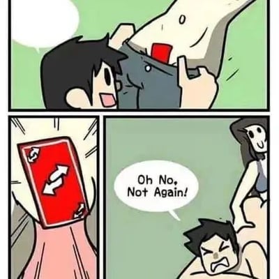 三格连环漫画展现搞笑反转剧情：第一格中黑发男孩开心地拉下他人裤子，露出红色内裤；第二格特写一张带有双向箭头的红色反转卡；第三格男孩躺倒在地，面露痛苦表情，说出“Oh No, Not Again!”，旁边站着一位旁观女孩。整体风格为简约卡通，通过夸张表情和道具制造喜剧效果。