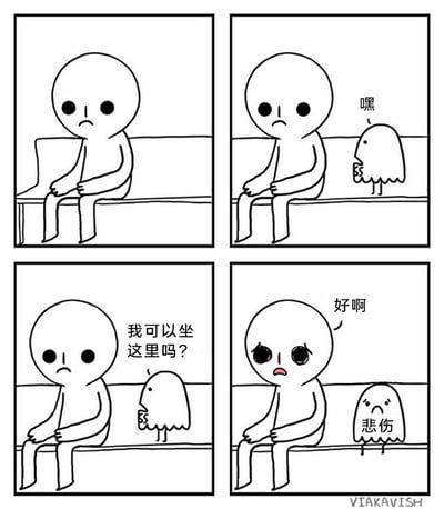 这是一幅黑白四格卡通漫画：第一格中，一个表情沮丧的卡通小人独自坐在长椅上，情绪低落；第二格，一个外形软萌的小幽灵出现在小人旁边，打招呼道“嘿”；第三格，小幽灵小心翼翼地询问“我可以坐这里吗？”；第四格，小人同意“好啊”，此时小人的眼睛泛起泪光，表情变得委屈难过，而坐下的小幽灵下方标注着“悲伤”，原来这个小幽灵就是抽象情绪“悲伤”的具象化，当它靠近并坐在小人身边，悲伤的情绪就传递给了原本只是有点沮丧的小人，用拟人化的方式生动地表现了悲伤情绪的到来，画风简单却传递出细腻又扎心的情感。