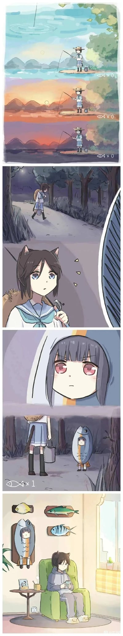 这是一组无对白的二次元连环漫画，讲述了猫耳水手服少女从白天到黄昏再到夜晚，在湖边垂钓却始终一无所获，右下角的鱼获计数始终为0；夜晚少女提着空桶走在林间小路时，发现了一位穿着大鱼造型道具的女孩；最终画面中，少女的房间里，这位穿鱼形道具的女孩被当成钓鱼的“战利品”，和其他鱼类标本一同挂在墙上，少女则惬意地坐在沙发上休息，用反差感制造出温馨又有趣的笑点。