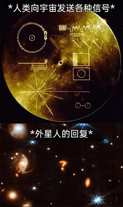 这张梗图分为上下两部分，上半部分是著名的“旅行者金唱片”——代表人类向外太空发送的各种信息，下半部分则是太空星系照，其中有清晰的“？”形状，配文幽默表示外星人收到信号后只发回了一个大大的问号，暗示外星人完全看不懂人类的表达。

**双关/暗示点**：
- 下图中的星云形状像问号，幽默表达外星人的不解和困惑。
- 强调了沟通的复杂性和宇宙文明间交流的难题。