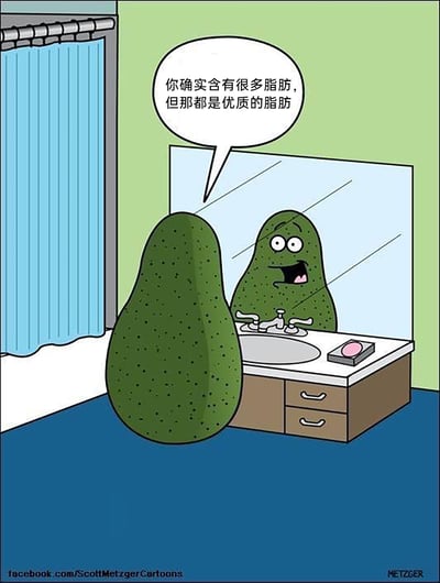 这是一幅拟人化的幽默卡通漫画，场景设置在浴室的洗手台前：一颗牛油果背对着镜头站在洗手池前，镜子里的它被赋予了拟人化的表情和神态，眼睛圆睁、嘴巴张开，露出兴奋开心的样子，同时对着现实中的自己说出安慰话语——“你确实含有很多脂肪，但那都是优质的脂肪”。漫画利用牛油果本身脂肪含量高但多为对人体有益的优质脂肪的营养特点，创作了这个自我接纳、自我鼓励的诙谐场景，画风轻松可爱，传递出接纳自身特点的积极情绪。