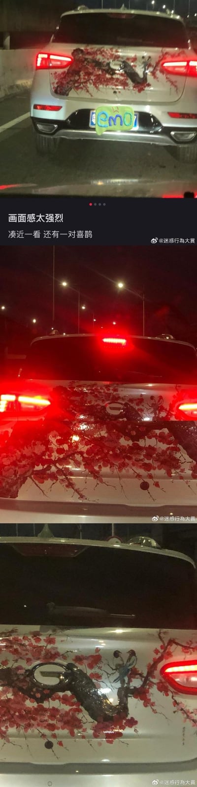 这是一组夜晚拍摄的汽车尾部实拍图：第一张图中，白色广汽传祺汽车的车尾贴有大面积国风梅花枝蔓车贴，车牌被写着网络热词“emo”的贴纸遮挡；第二张图展示了汽车刹车灯亮起的状态，红色尾灯的光线打在梅花车贴上，让国风画面更具氛围感；第三张图为近距离拍摄的车贴细节，能清晰看到梅花枝头上的一对喜鹊图案。配文“画面感太强烈 凑近一看 还有一对喜鹊”，将传统国风元素与当下网络热词结合，形成有趣的反差感。