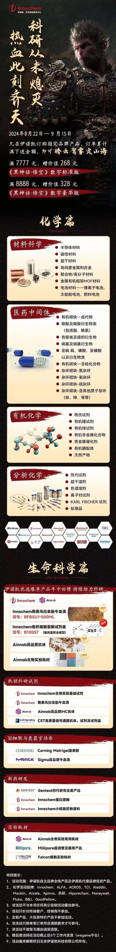 这是伊诺凯推出的结合热门游戏《黑神话：悟空》的科研产品促销超长海报，活动时间为2024年8月22日-9月15日，订购指定科研产品累计满7777元赠《黑神话：悟空》数字标准版，满8888元赠数字豪华版。海报分为化学篇与生命科学篇，详细列出了参与活动的材料科学、医药中间体、有机化学、分析化学等化学类产品，以及生命科学领域的血清、抗体、试剂、实验耗材等品类。顶部使用《黑神话：悟空》的悟空战甲形象，搭配「科研从未熄灭 热血此刻齐天」的标语，玩了「齐天」与悟空的联动梗，贴合科研从业者的热血奋斗精神，用热门IP吸引目标群体参与活动。