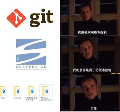 这是一张左右分栏的连环梗图，左侧从上到下依次展示了git版本控制工具的图标、Subversion版本控制工具的图标、四个命名不断强调“最终版”的文件（依次为Final 2、Final Final、FINAL FOR REAL THIS TIME、OK This is definitely final）；右侧是三段影视截图，搭配对应中文台词：第一段对应git图标，台词为“我更喜欢用版本控制”；第二段对应Subversion图标，台词为“我的意思是真正的版本控制”；第三段对应手动命名的文件，台词为“完美”。该梗图以幽默的方式调侃了部分职场人或程序员不使用专业版本控制工具，而是通过给文件重复命名“最终版”来管理文档版本的真实场景，反差感拉满，引发相关从业者共鸣。