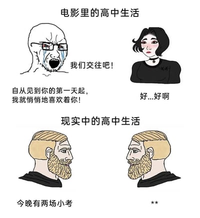这是一张对比梗图，上半部分展示电影中的高中生活：一个戴眼镜的光头男生痛哭流涕地向女生表白'我们交往吧！自从见到你的第一天起，我就悄悄地喜欢着你！'，女生害羞地回答'好...好啊'。下半部分展示现实中的高中生活：两个留着相同发型和胡子的男生面无表情地对视，其中一人说'今晚有两场小考'。通过夸张对比电影浪漫情节与现实学业压力，制造幽默效果。