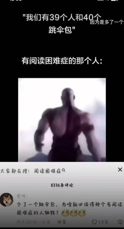 这张梗图通过文字和图片的结合制造幽默效果。上方文字写着"我们有39个人和40个跳伞包"，接着是"有阅读困难症的那个人:"，下方配有一个肌肉发达的巨人形象。图片利用阅读困难症患者可能会误解文字的特点制造笑点 - 将"多了一个跳伞包"误解为"少了一个跳伞包"，暗示阅读困难症患者可能会成为牺牲者。底部显示有8336条评论，热门评论质疑"少了一个跳伞包，为啥就必须得那个有阅读困难症的人牺牲？"获得1.5万点赞。