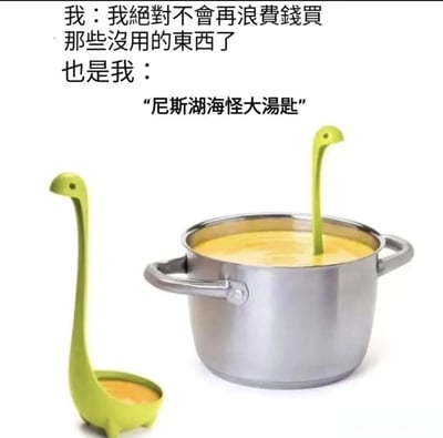 图片上方是两行自嘲文字：“我：我絕對不會再浪費錢買那些沒用的東西了 也是我：'尼斯湖海怪大湯匙'”，下方是一张实物照片，展示了一个不锈钢汤锅，里面盛着黄色的汤，汤中插着一把绿色的、造型模仿尼斯湖海怪（长脖子、小脑袋）的大汤匙，旁边还放着一把相同造型、沾有汤汁的汤匙。整体通过文字与物品的反差，幽默地表现了人们嘴上说着不买无用物品，却又忍不住被新奇有趣的东西吸引的消费矛盾心理。