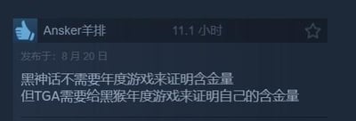 这是Steam用户「Ansker羊排」的评论截图，发布于2024年8月20日，用户游戏时长为11.1小时。评论内容为「黑神话不需要年度游戏来证明含金量，但TGA需要给黑猴年度游戏来证明自己的含金量」，通过反向对比的方式，调侃式地抬高了国产游戏《黑神话：悟空》的地位，认为该游戏的质量已经无需TGA年度游戏奖项来认证，反而TGA需要通过授予它该奖项来彰显自身奖项的权威性，充满了对《黑神话：悟空》的高度认可。
