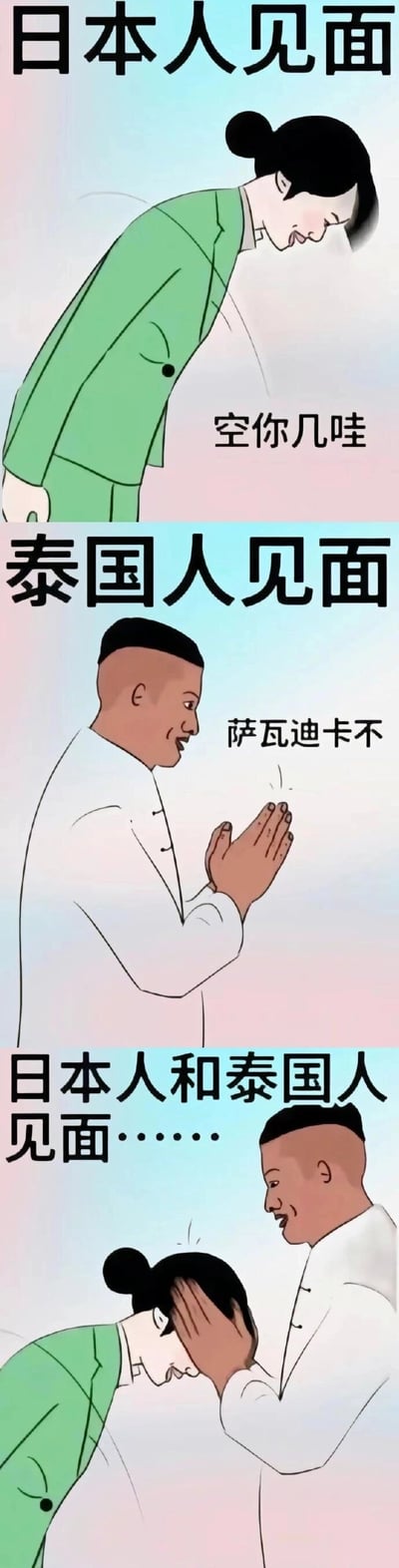 这是一幅由三个板块组成的连环卡通漫画，依次呈现了不同国家的见面礼仪及趣味冲突：第一板块展示日本人见面的场景，身着绿色服饰的卡通人物行鞠躬礼，配文日语问候语“空你几哇”；第二板块展示泰国人见面的场景，身着白色服饰的卡通人物行合十礼，配文泰式问候语“萨瓦迪卡不”；第三板块是日本人和泰国人见面的场景，日本人的鞠躬动作恰好撞在泰国人行合十礼的手上，形成了充满反差感的搞笑画面，用夸张的方式调侃不同国家的文化礼仪差异。