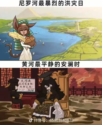 这是一张上下两格的对比类卡通梗图，上半部分配文“尼罗河最暴烈的洪灾日”，背景为尼罗河流域风光，远处可见金字塔，穿着古埃及风格服饰的兽耳拟人角色面带开心的笑容，怀中抱着装满麦穗与食物的筐，氛围轻松喜悦，对应古埃及文明中尼罗河泛滥会带来肥沃淤泥、促进农业丰收的历史认知；下半部分配文“黄河最平静的安澜时”，背景为中式古风宫殿，室外雷雨交加、地面已经被洪水淹没，坐在王座上的中式古风拟人角色表情凝重恐慌，旁侧的小角色举着写有“大河决 亿万苍生殒！天命已失！”的告示板，体现出古代中国黄河水患频发，哪怕处于相对平静的时期，统治者也依旧对水患问题高度紧张的状态。整张图通过两种文明对待大河洪汛的截然不同的态度形成强烈反差，制造笑点。