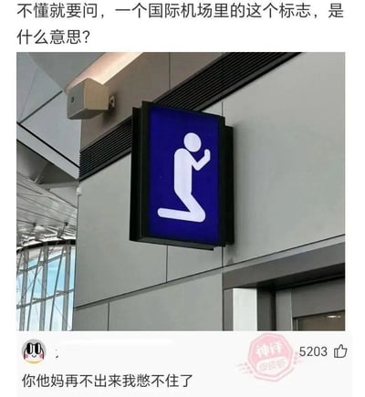 这是一张来自社交平台的搞笑梗图，上方是国际机场内的公共标识，蓝色背景搭配白色简笔人形，人形呈单膝跪地、握拳抬起的姿势，配文提问“不懂就要问，一个国际机场里的这个标志，是什么意思？”；下方是一条获5203个赞的皮皮虾神评：“你他妈再不出来我憋不住了”。神评玩了脑洞梗，将标识的姿势脑补成憋尿等待厕所的人，精准戳中急着上厕所时的窘迫与焦急，用夸张吐槽制造搞笑效果。