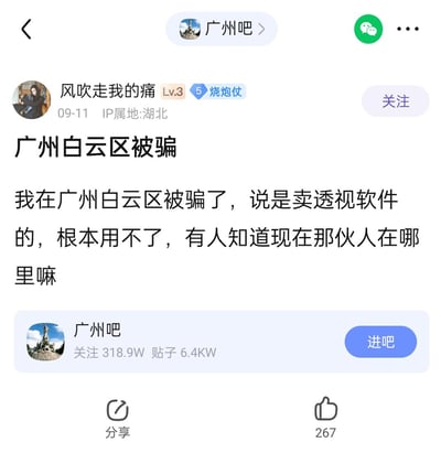 这是百度贴吧广州吧的一则用户求助帖子截图，用户「风吹走我的痛」（IP属地湖北，等级Lv.3）于09-11发布内容，称自己在广州白云区被售卖透视软件的人诈骗，软件根本无法使用，发帖询问是否有人知道诈骗团伙的下落。该帖子获得267个点赞，广州吧目前有318.9万关注量，6.4万条帖子。